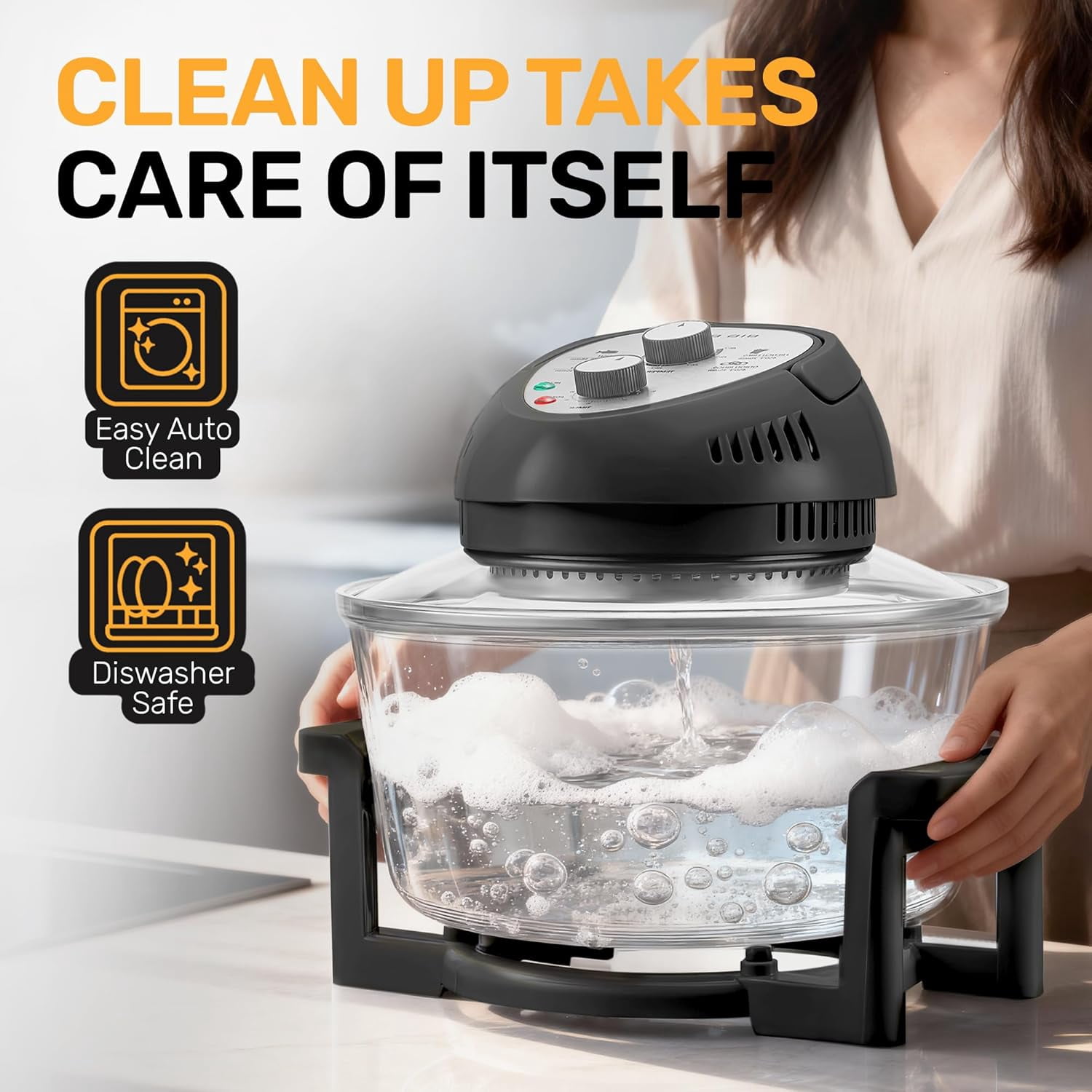 Granitestone Big Boss 16Qt Extra Large Glass Air Fryer Non Toxic – Family Sized 4 in 1 Cooker with 3 Cooking Sections, Stainless Steel Racks for French Fries, Chicken, Self Cleaning, Dishwasher Safe