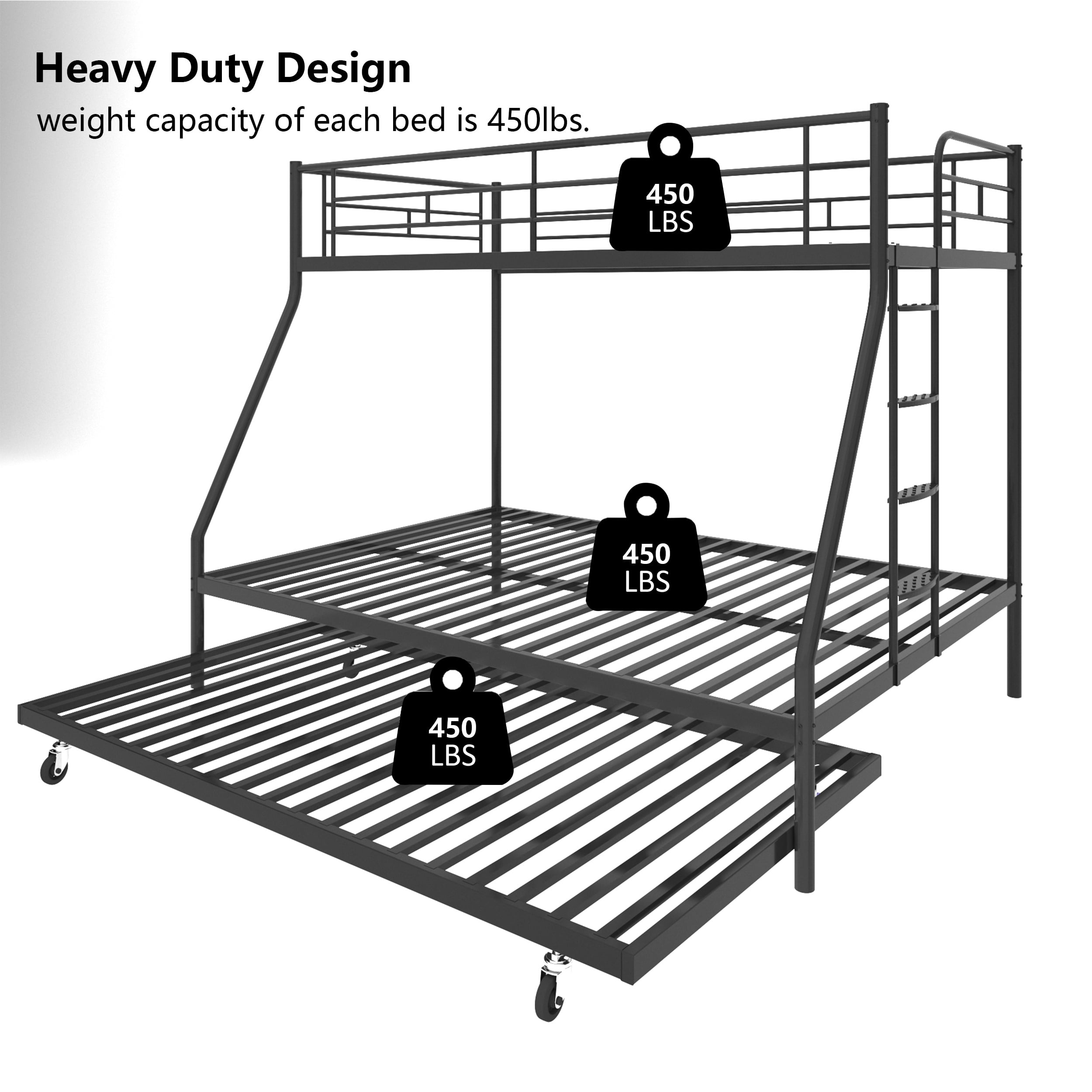 Triple Bunk Bed Twin over Full with Trundle Metal Bunk Bed for Kids,Adults,Heavy Duty Bunk Bed with Full-Length Guardrail,Comfortable Step,Easy to Assemble,for 3