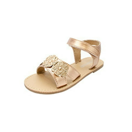 

UKAP Girl Dress Sandal Beach Princess Shoes Summer Flat Sandals Casual Ankle Strap Girls Open Toe Comfort Golden 10.5C