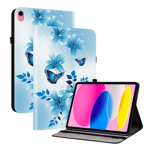 For iPad 10.9" (10th Gen), iPad 11" (A16) Folio Flip Case with Stand/Card Slots/Elastic Band Closure/Pen Loop Holder, Stylish Cute PU Leather Protective Lightweight Cover, Blue Butterfly