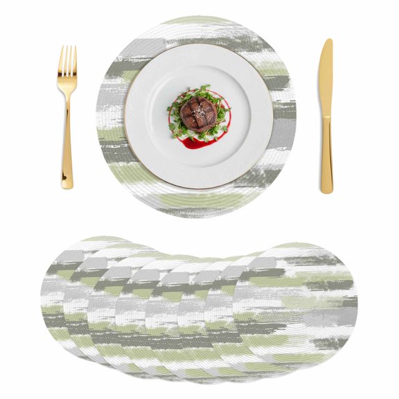 Green Abstract Round 13 Inch Placemats Set of 8, Grey Modern Mottled Art Oil Painting HeatResistant Non Slip Place Mats for Dining Table, Wipeable Braided Kitchen Table Mats for Housewarming