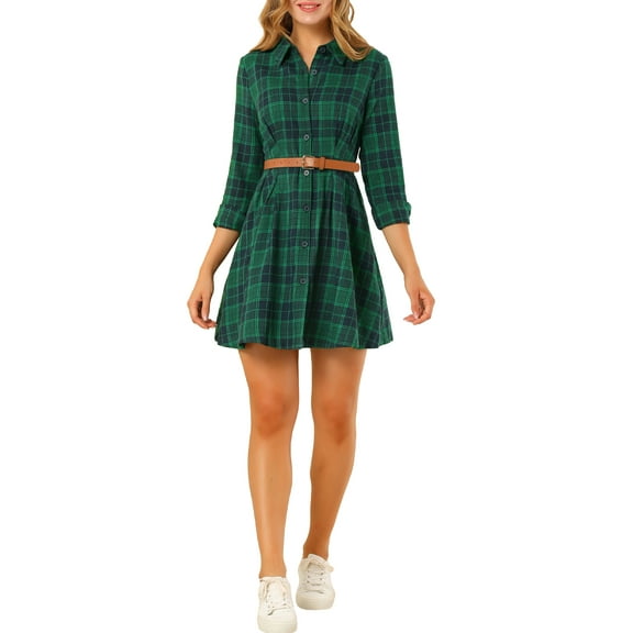 INSPIRE CHIC Women's Plaid Long Sleeves A-Line Button Up Casual Shirt Dress XS Green