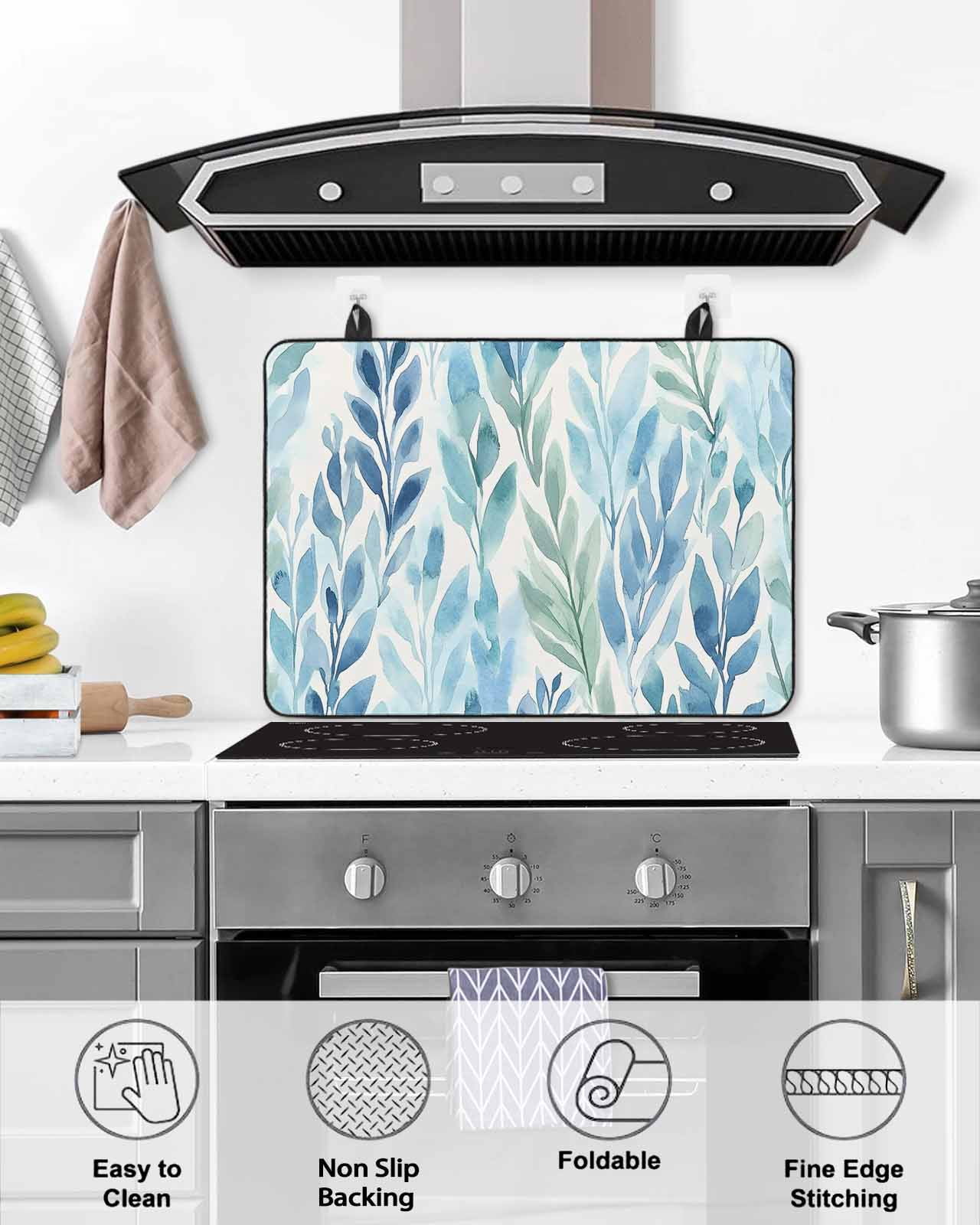 nqOlkjepod Large Induction Cooktop Protector Mat 36"x21", Blue Green Leaf Stove Top Covers for Electric Stove, Summer Vintage Watercolor Plant Stove Burner Cover Mats, Glass Top Stove Cover