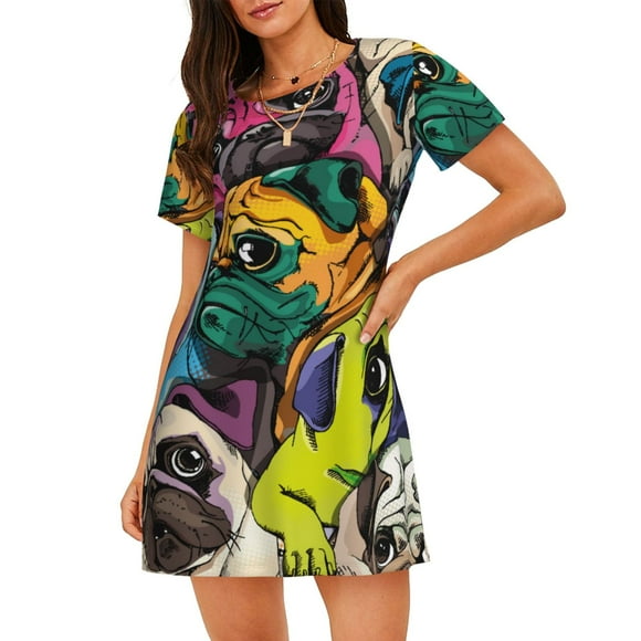 Daiia Colorful Pug Print Women's Nightshirt Soft Nightgowns for Women Short Sleeve dress Short-sleeved Sleepwear