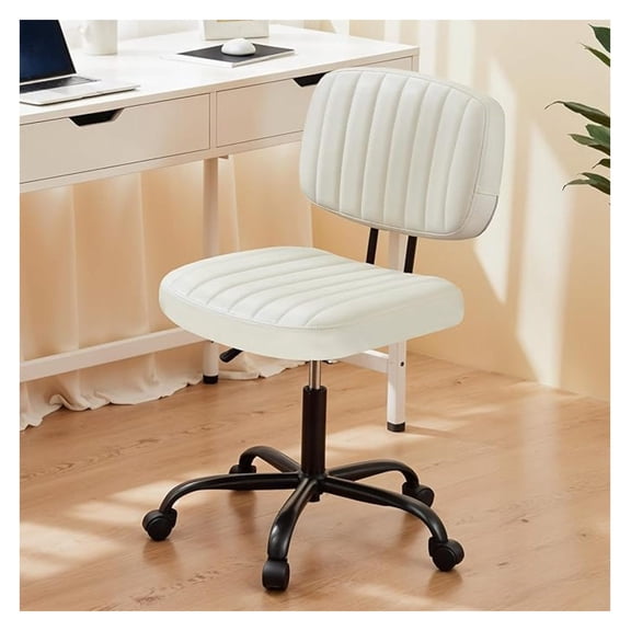 Small Desk Chair, Armless Office Chair with Wheels, PU Leather Comfy Computer Task Swivel Vanity Rolling Chairs No Arms for Small Space, Home Office, Beige White