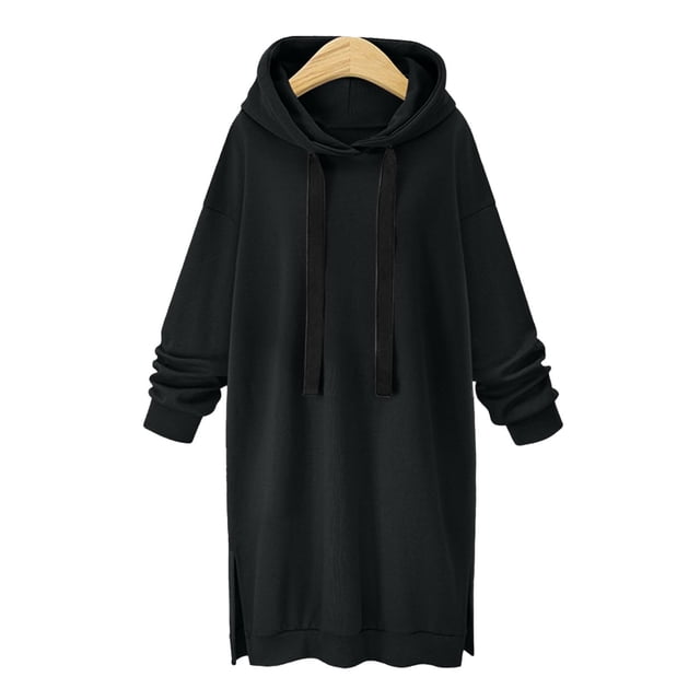 Fartey Womens Oversized Long Fleece Hoodies with Drawstring Fashion Solid Color Long Sleeve Sweatshirts Fall Winter Split Hem Hoodie