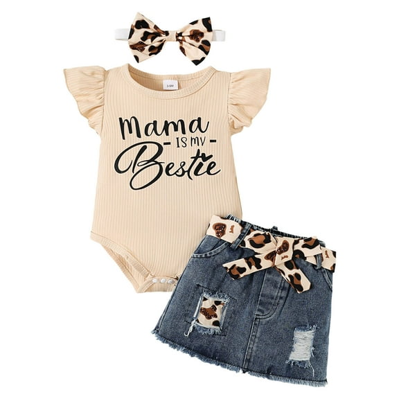 HCPDER Baby Girl Clothes Baby Girl Outfits 0-3 Months Baby Girl Clothes Romper Ruffle Sleeve Short Jeans Skirt With Headband Outfits Set