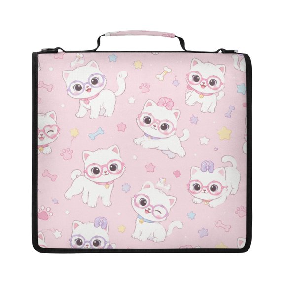 Zipper Binder with Shoulder Strap 2 inch 3 Ring Waterproof File Folder Organizer Bag 500 Sheet Various Poses White Cat Pattern