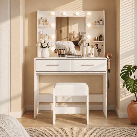 Homall Makeup Vanity Set with Mirror & Stool, Vanity Desk with LED Lights & Fast-Charging Outlet, Vanity Table for Bedroom Dressing Room, White