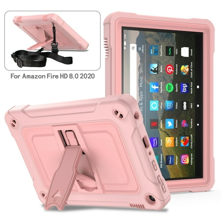 Dteck Case for All-New Kindle Fire HD 8 Tablet(10th Generation 2020 Release) & Fire HD 8 Plus, Heavy Duty 3 in 1 Hybrid Rugged Shockproof Kickstand Case with Shoulder Strap, Rosegold