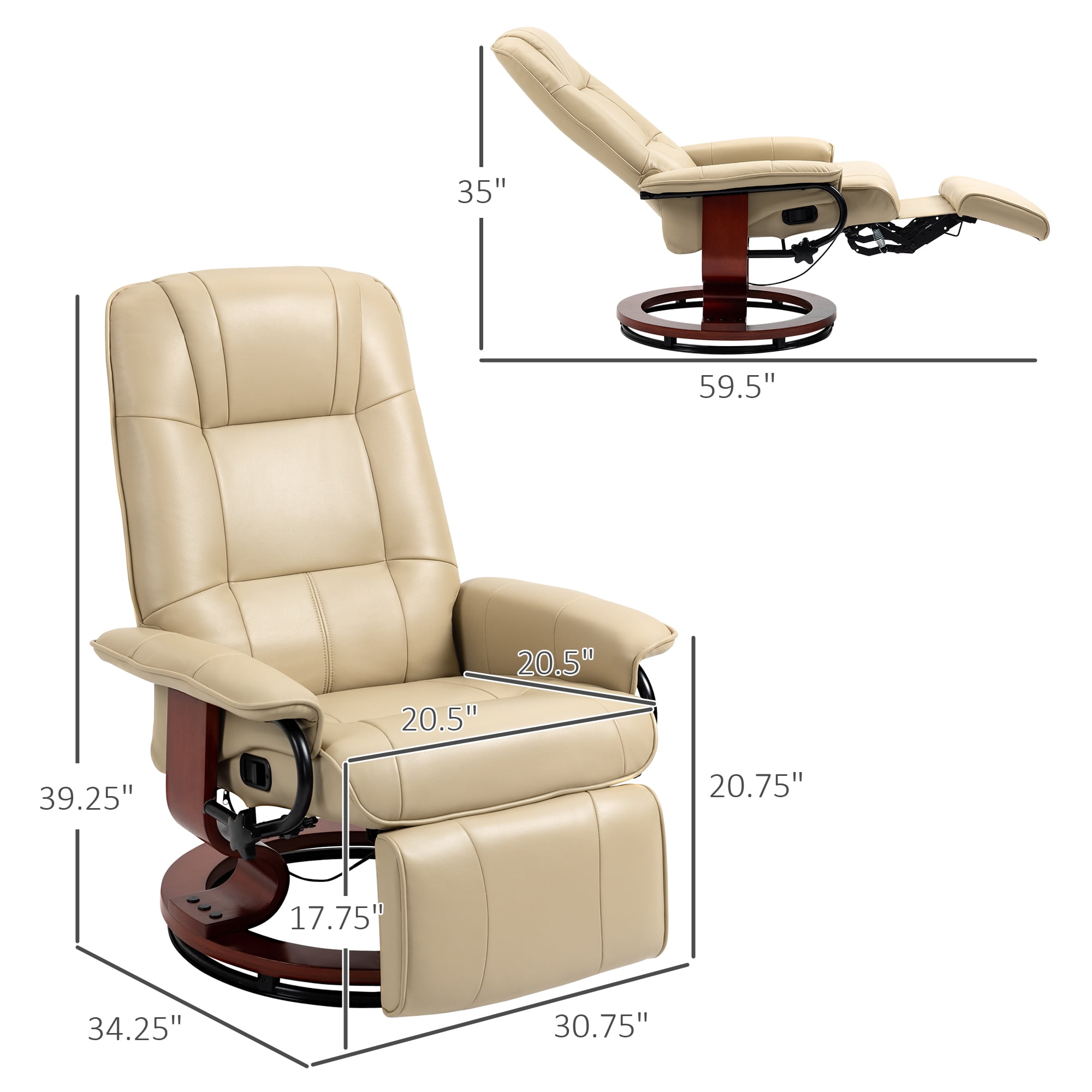 Cream White PU Leather Swivel Recliner Chair with Extendable Footrest, 265 lb Capacity