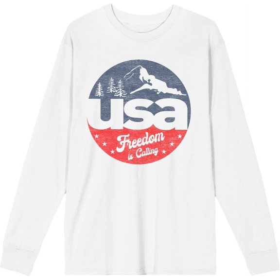 Americana USA Freedom Is Calling White Adult Crew Neck Long Sleeve Tee-Medium