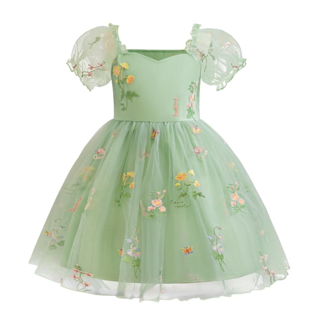 Yanlir Robe Princesse en Dentelle d'Été pour Filles Robe Sans Manches à Volants Broderie en Maille Robe de Fête Col Rond, Tenue Imprimée Mode Printemps Été pour Enfants (Vert, 1 An)