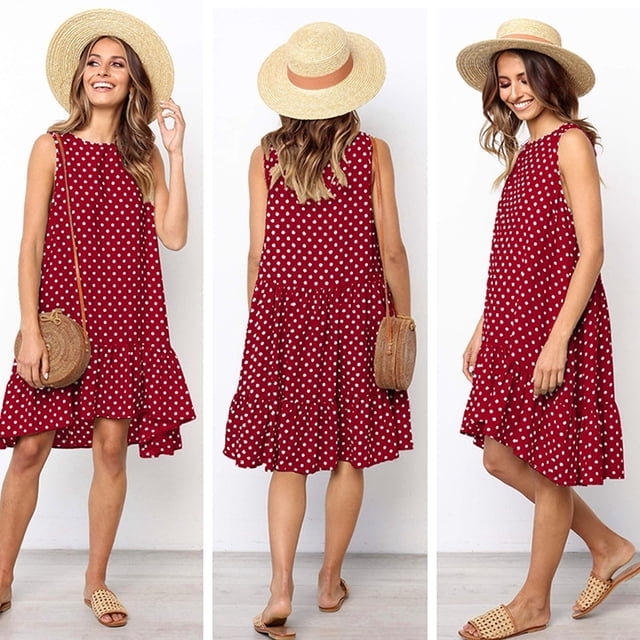 FcBaudy Robe Sans Manches Col Rond, Robes d'Été pour Femmes, Robes Mode Col Rond Sans Manches à Pois Ample Grande Robe à Volants pour Femmes