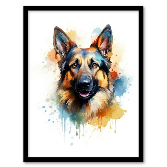 German Shepherd Lovers Gift Watercolour Pet Portrait Painting Artwork Art Print Framed Poster Wall Decor 12x16 inch
