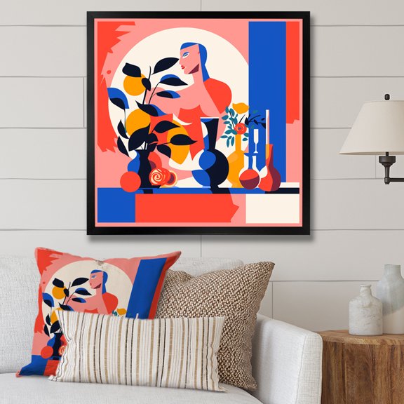 Designart "Boho Flower Bouquet in the Style of Henri Matisse VI" Geometric Framed Wall Art Decor - Bohemian Pink Boho Pottery Bedroom Framed Canvas Wall Art