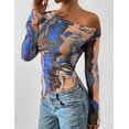 thumbnail image 4 of PRETTYGARDEN Womens Fall Trendy Off Shoulder Y2k Tops Tie Dye Mesh Long Sleeve Shirts Asymmetrical Ruched Floral Blouse, 4 of 8