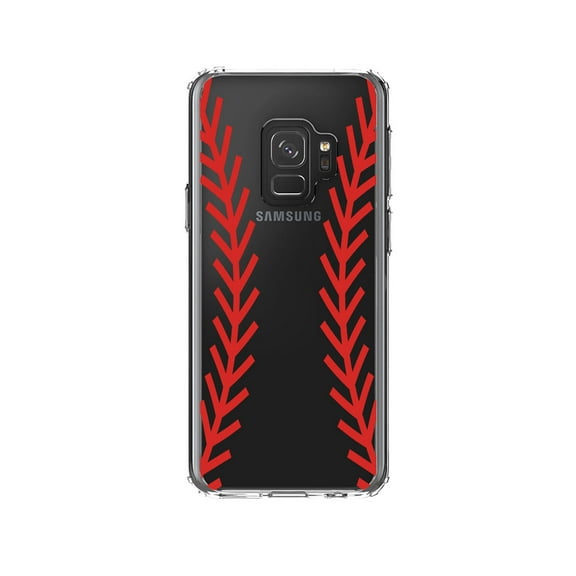 DistinctInk Clear Shockproof Hybrid Case for Samsung Galaxy S9 (5.8" Screen) - TPU Bumper, Acrylic Back, Tempered Glass Screen Protector - Red Baseball Stitching