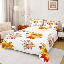 Feelyou Vibrant Orange Sunflower Queen Sheet Sets, Harvest Pumpkin Flat Sheet, Teens Boys Girls Kids Queen Fitted Sheet, Super Cozy Room Decor, 4pcs