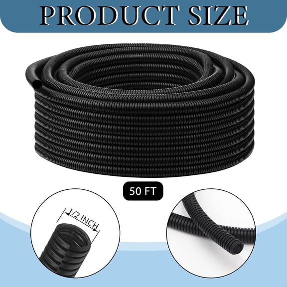 50 Ft 1/2" Split Flame Retardant Wire Loom, High Temperature Cable Conduit & Split Sleeves for Automotive, Industrial, Electrical & Marine Wiring – Black