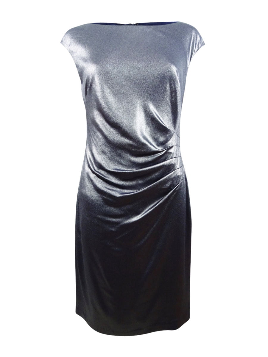 Photo 1 of RALPH LAUREN Womens Navy Ruched Galaxy Foil Becca Sleeveless Jewel Neck Above The Knee Sheath Wear To Work Dress Size: 8
