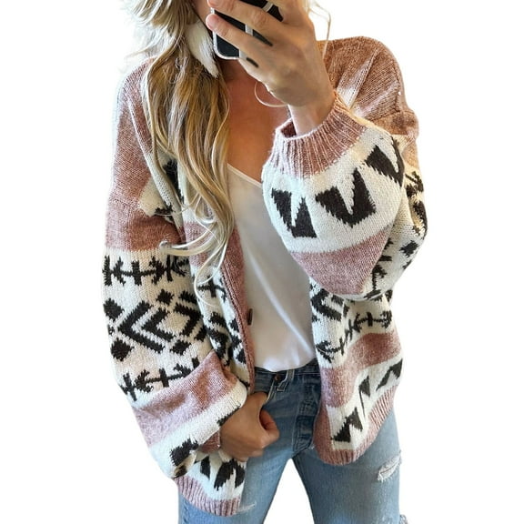 Cute Sweater Women Oversized Boho Print Cardigan Open Front Long Sleeve V Neck Button Knitted Fall Winter Clothes