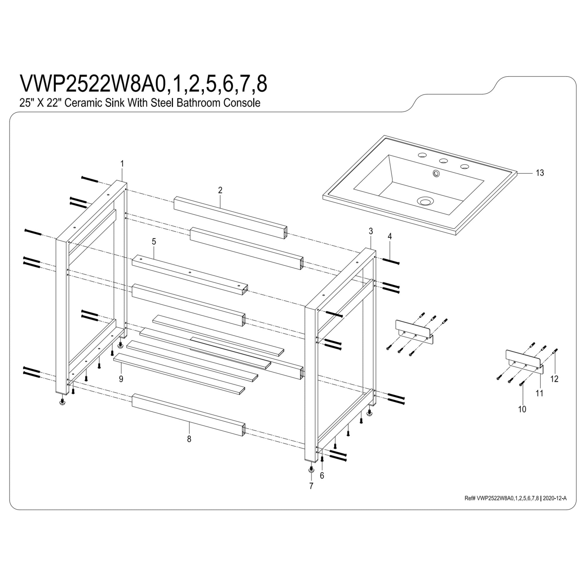 Kingston Brass VWP2522W8A6 Quadras 25" Ceramic Console Sink with Steel Base and Shelf (8-Inch, 3-Hole), White/Polished Nickel