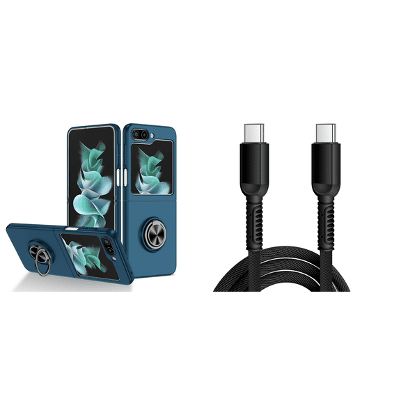 BEMZ Magnetic Holder Polycarbonate Case for Galaxy Z Flip 5 Bundle with 30W USB-C to USB-C Charging Sync USB Cable - 6 Foot - Navy Blue