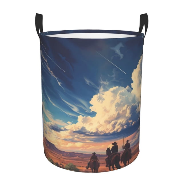 Balery Western Desert Cloud Cowboy Cesta de ropa redonda con asas, impermeable, independiente, para ropa, juguetes, dormitorio y familia-Medium