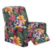 Jiueut Tropical Palm Leaf Plumeria Print Recliner Chair Cover, Colorful Hibiscus Wear Resistant Furniture Protector Breathable Recliner Chair Slipcover with Pockets for Kids and Pets