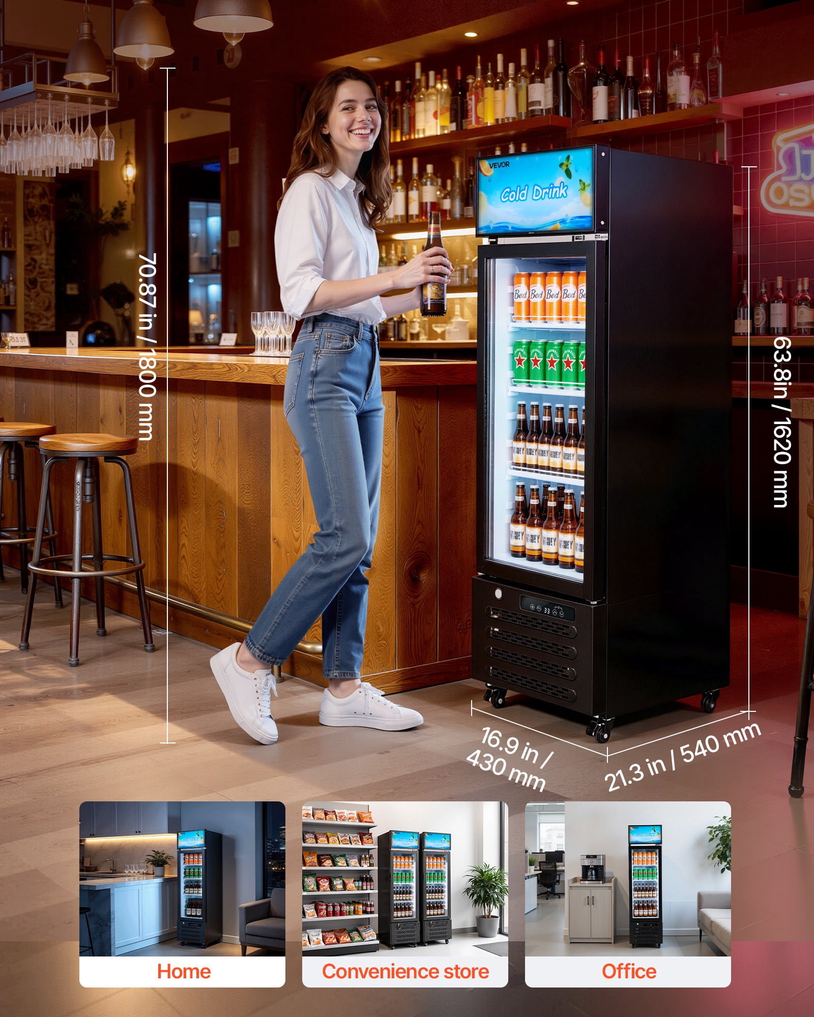 VEVOR Commercial Merchandiser Refrigerator, 6.1 Cu.Ft / 173 L Glass Door Display Refrigerator, Upright Beverage Cooler with Customizable Lightbox,3 Adjustable Shelves & Soft LED Light for Homes Shops
