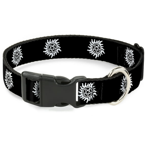 Supernatural Pet Collar, Dog Collar Plastic Buckle, Winchester Pentagram Repeat Black White, 7 to 8.5 Inches 0.5 Inch Wide