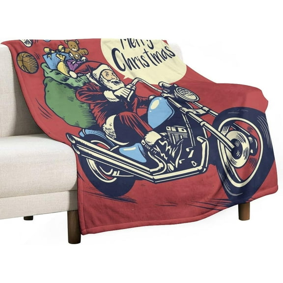 Merry Christmas Throw Blanket Soft Warm Vintage Santa Claus Motorcycle Lightweight Flannel Plush Fuzzy Blankets Gift for Women Kids Boys Teens 50X60 in