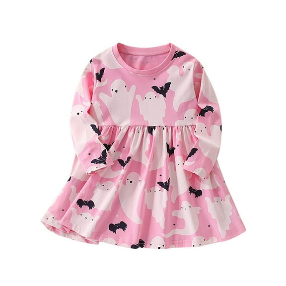 Toddler Cute Pumpkin Skeleton Bat Ghost Girls Dress Long Sleeve Bat Print Party Dress Kids Casual Clothing Pink Size 4-5T