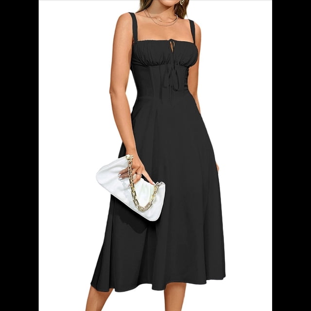 Vestido Midi con Corsé, Aberturas Fluidas y Cordones para Mujer, Vestido Informal de Verano de Corte A para Fiesta de Té. Negro M
