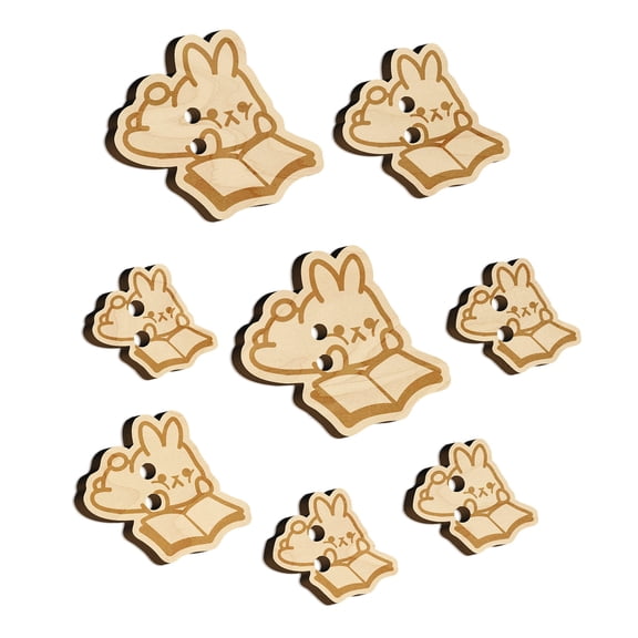Cute Kawaii Bunny Rabbit Reading Studying for School Wood Buttons for Crochet Knitting Sewing DIY Craft - Various Sizes (8pcs)