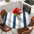 thumbnail image 2 of Navy Blue Striped Round Tablecloth 55-60 Inch Round Fitted Table Cloth with Elastic Edge, Geometric Grey White Vertical Stripes Waterproof Table Cover Protector for Outdoor Picnic Party Dining, 2 of 6