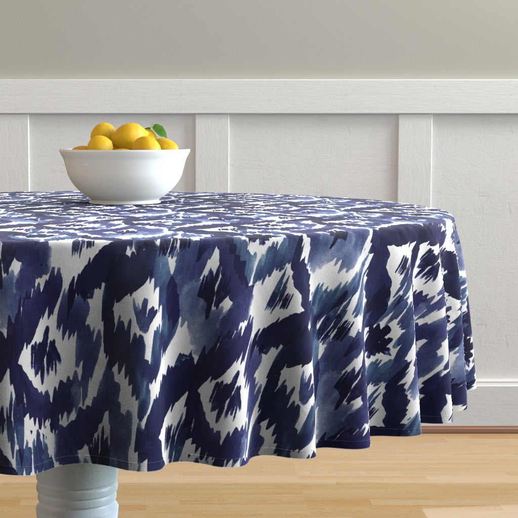 Round Tablecloth Blue Ikat Watercolor Indigo Geo Tribal Cotton Sateen