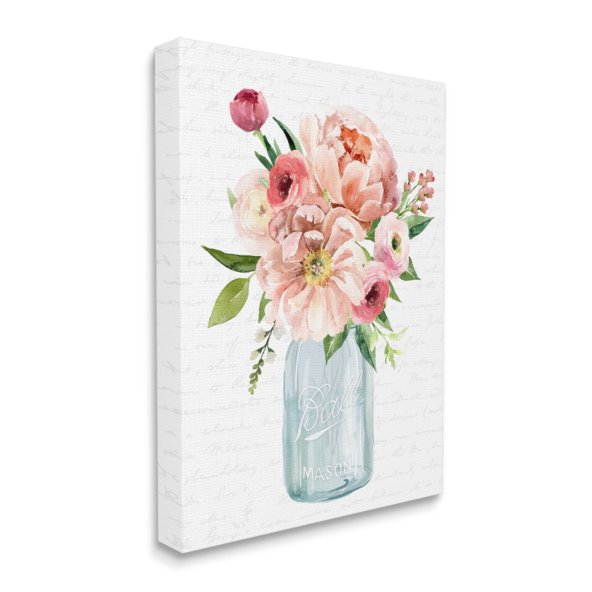 Stupell Industries Pink Peony Flowers Jar Arrangement Script Pattern Graphic Art Gallery Wrapped Canvas Print Wall Art, Design by Lettered and Lined