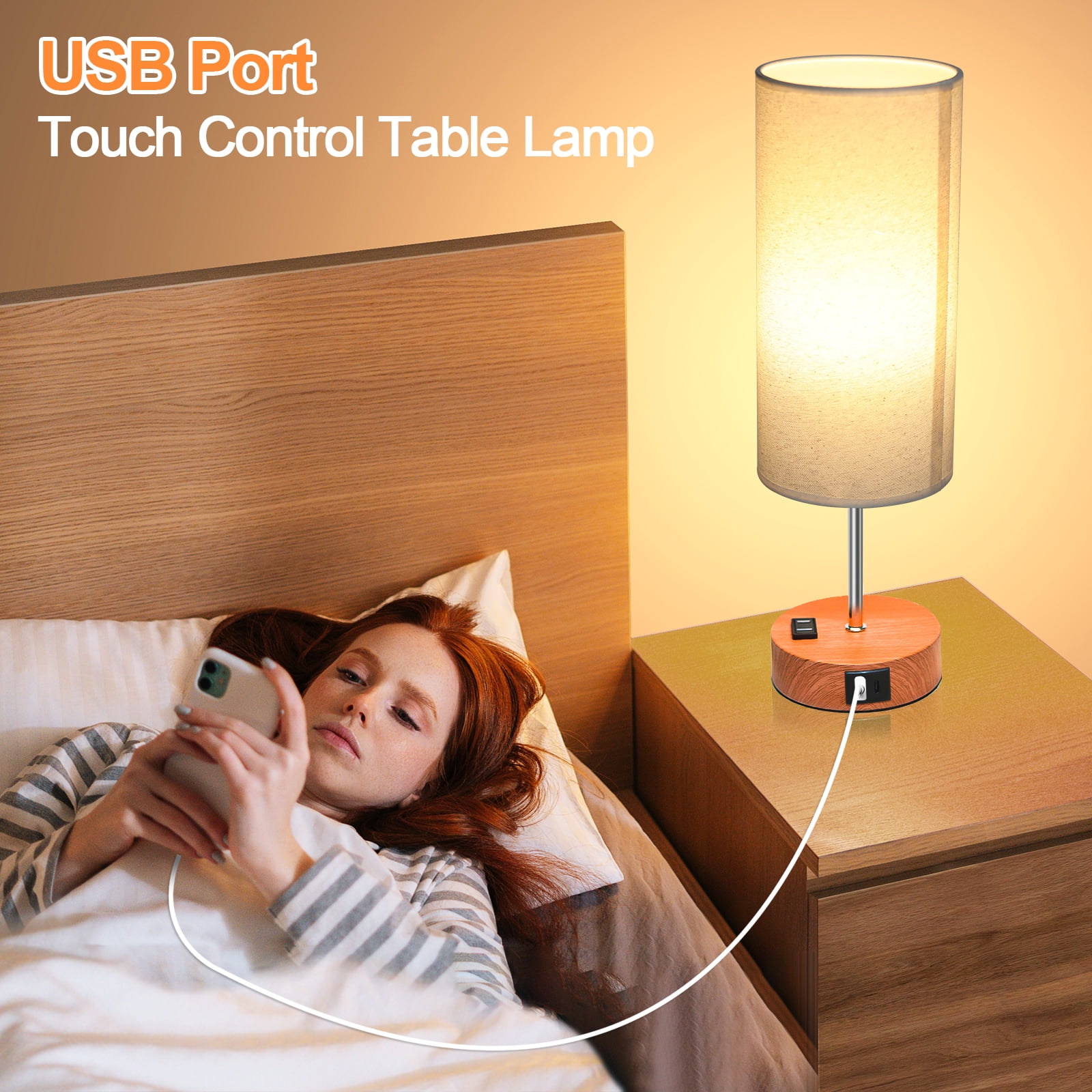 Table Lamps for Bedroom, 3 Way Dimmable Touch Control Bedside Lamp with USB C+A Fast Charging Ports, Nightstand Lamp for Office, Living Room, Reading(E26 Light Bulb Included), Wood
