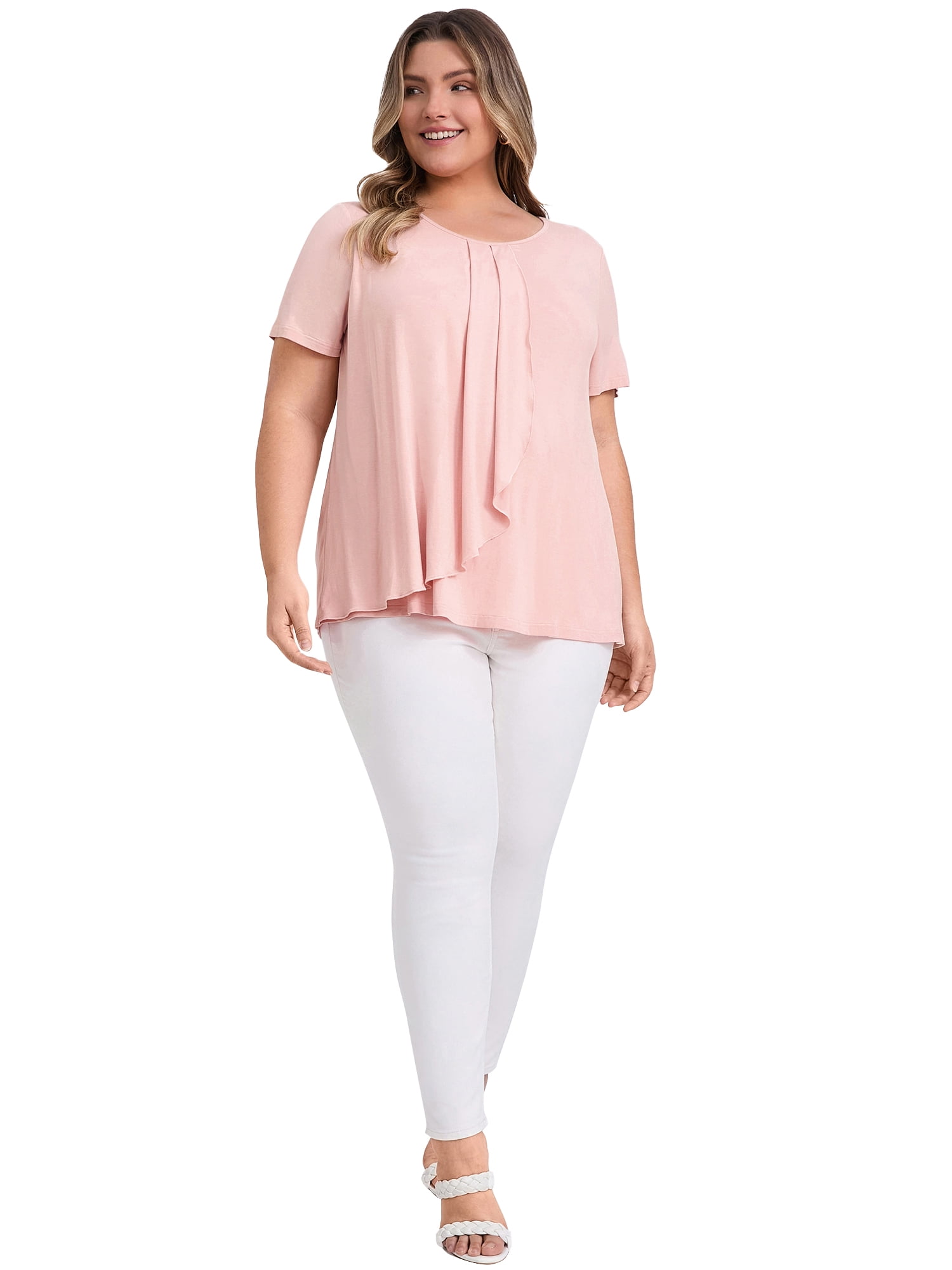 DARING DIVA Women's Plus Short Sleeve Pleated Tulip Hem Casual Top 3X Pink