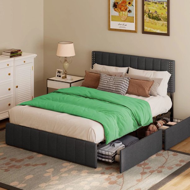 Lofka Queen Bed Frame, Queen Size Bed Frame with Storage Drawers, 880lbs, Dark Gray