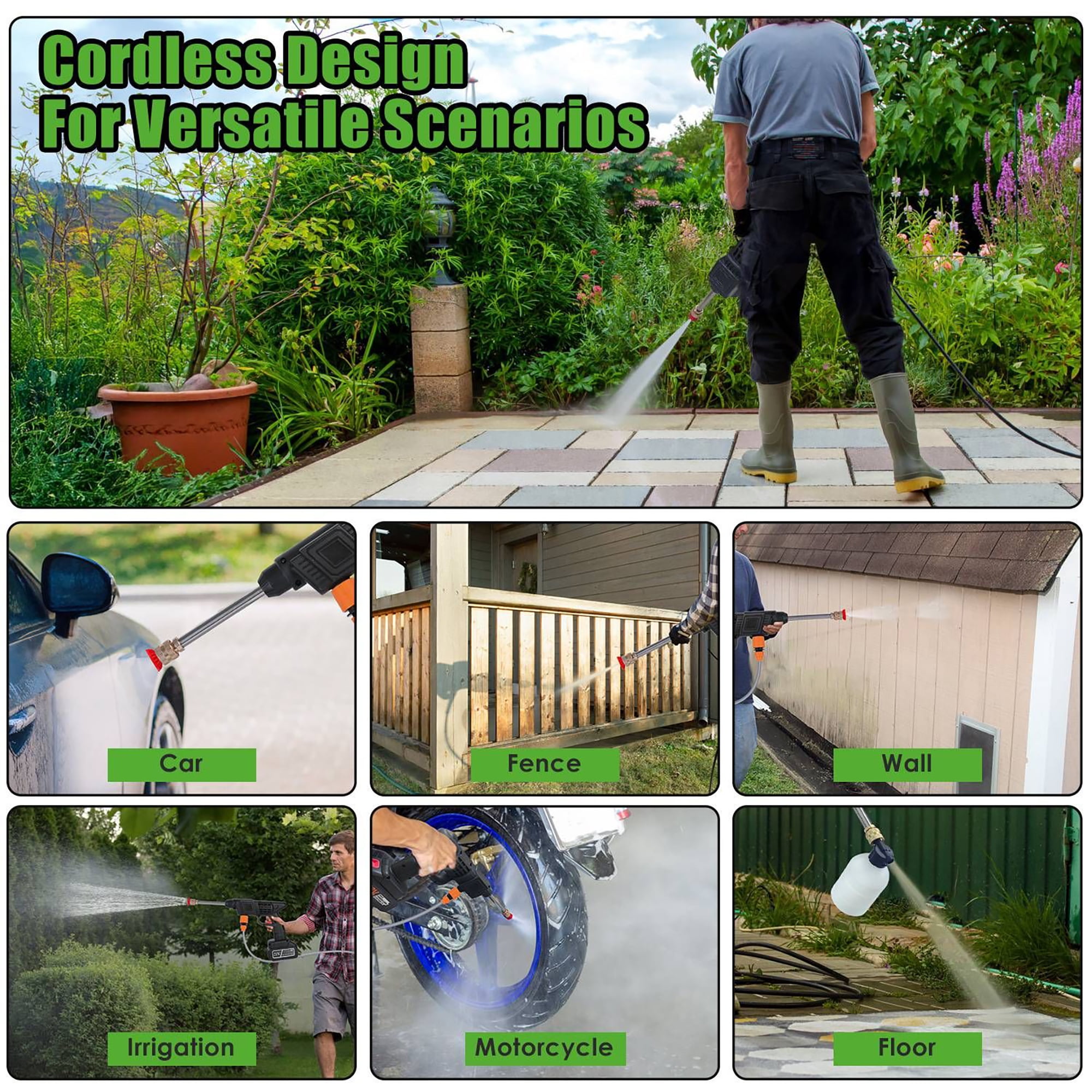300W Cordless Pressure Washer, 400 PSI Handheld Power Cleaner with Foam Bottle & Nozzles