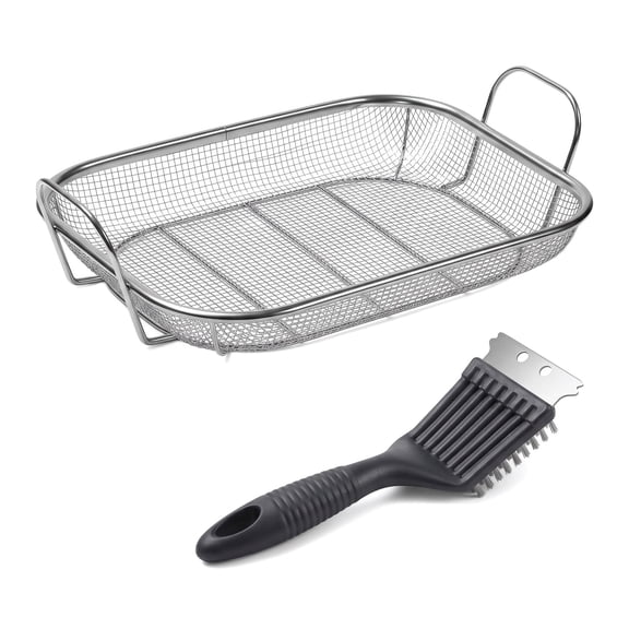 Stainless Steel Grill Basket, 15" x 11" Vegetable Grilling Basket with Handles & Cleaning Brush