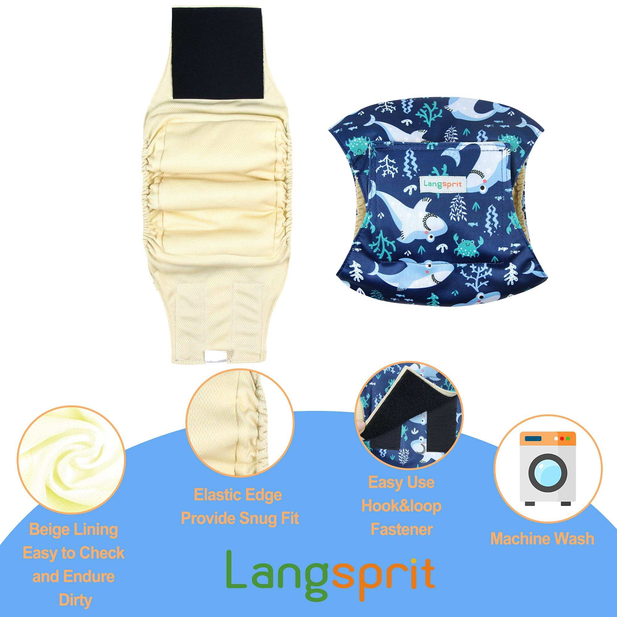 Langsprit Male Belly Bands for Dogs (Pack of 3) - High Absorbing Dog Wraps Male Washable - Reusable Male Dog Diapers,Sloth,Whale,Dinosaur,S