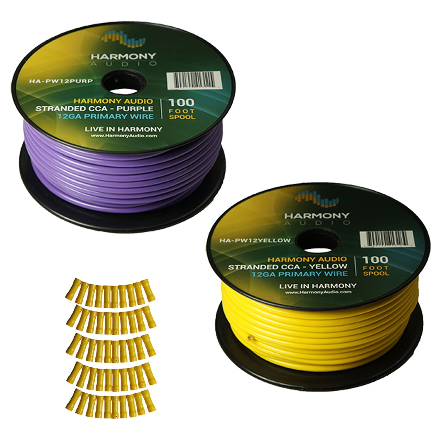 Harmony Audio Primary Single Conductor 12 Gauge Power or Ground Wire - 2 Rolls - 200 Feet - Yellow & Purple for Car Audio / Trailer / Model Train / Remote