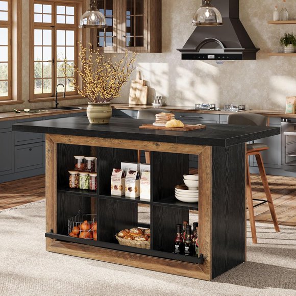 Tribesigns Kitchen Island with Storage, Counter Height Island Table with 6 Open Cubbies & Footrests, Coffee Bar for Dining Room (Black + Wood)