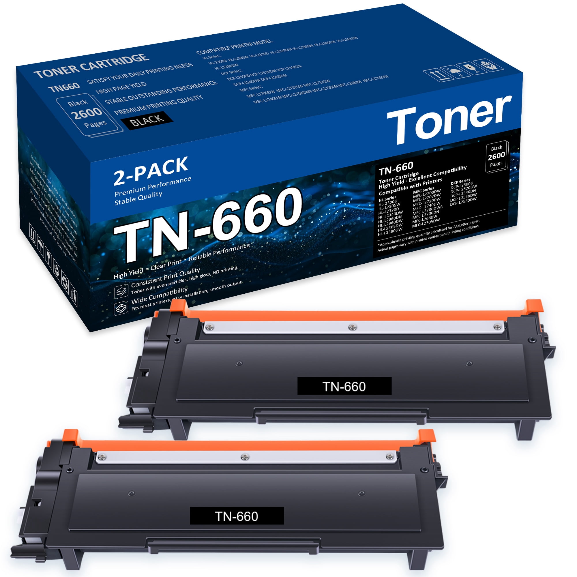 TN660 Toner Cartridge Compatible for Brother TN 660 TN-660 TN630 TN-630 HL-L2300D HL-L2380DW HL-L2320D HL-L2340DW MFC-L2700DW MFC-L2740DW DCP-L2540DW Printer Ink (Black, 2-Pack)