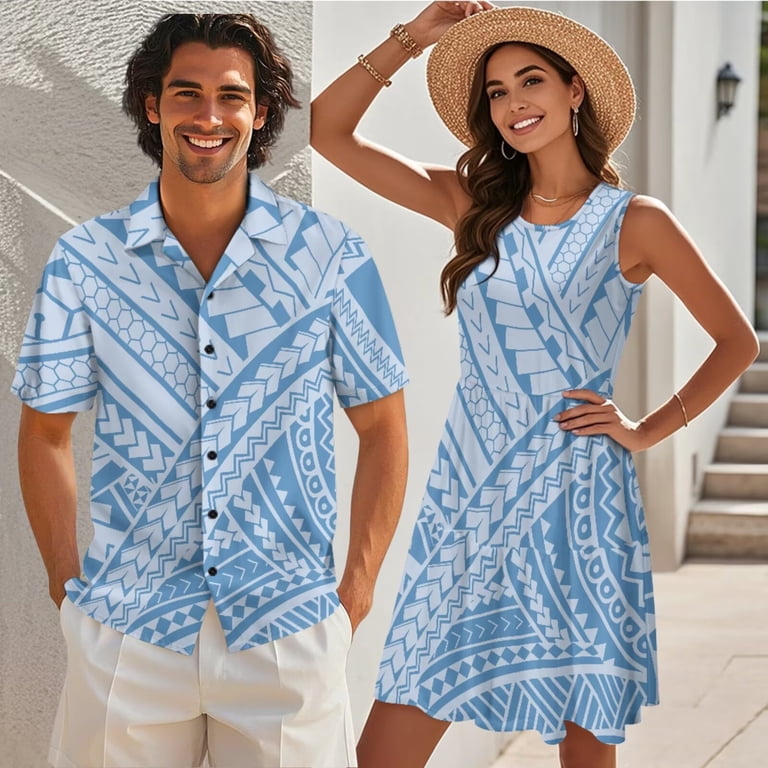 polynesian dress shirts Men's Short Sleeve Button Down Polynesian Tribal Bowling Shirt, White Cyan Pacific Island Samoan Wedding And Graduation Outfit