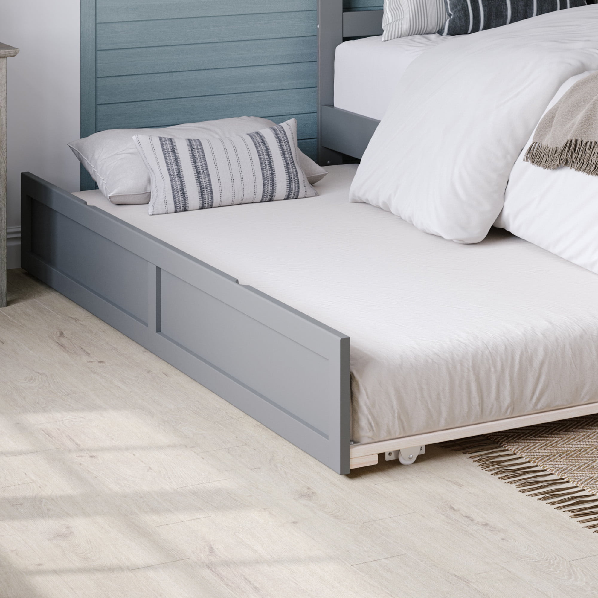 AFI Twin-XL Roll Out Wood Trundle Bed Frame with Wooden Slat Supports, Grey